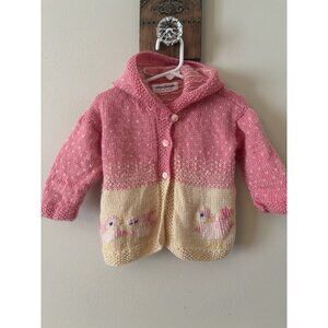 Vintage Handmade Girls Pink Yellow Hooded Sweater Chicks Chickens Hand Knit